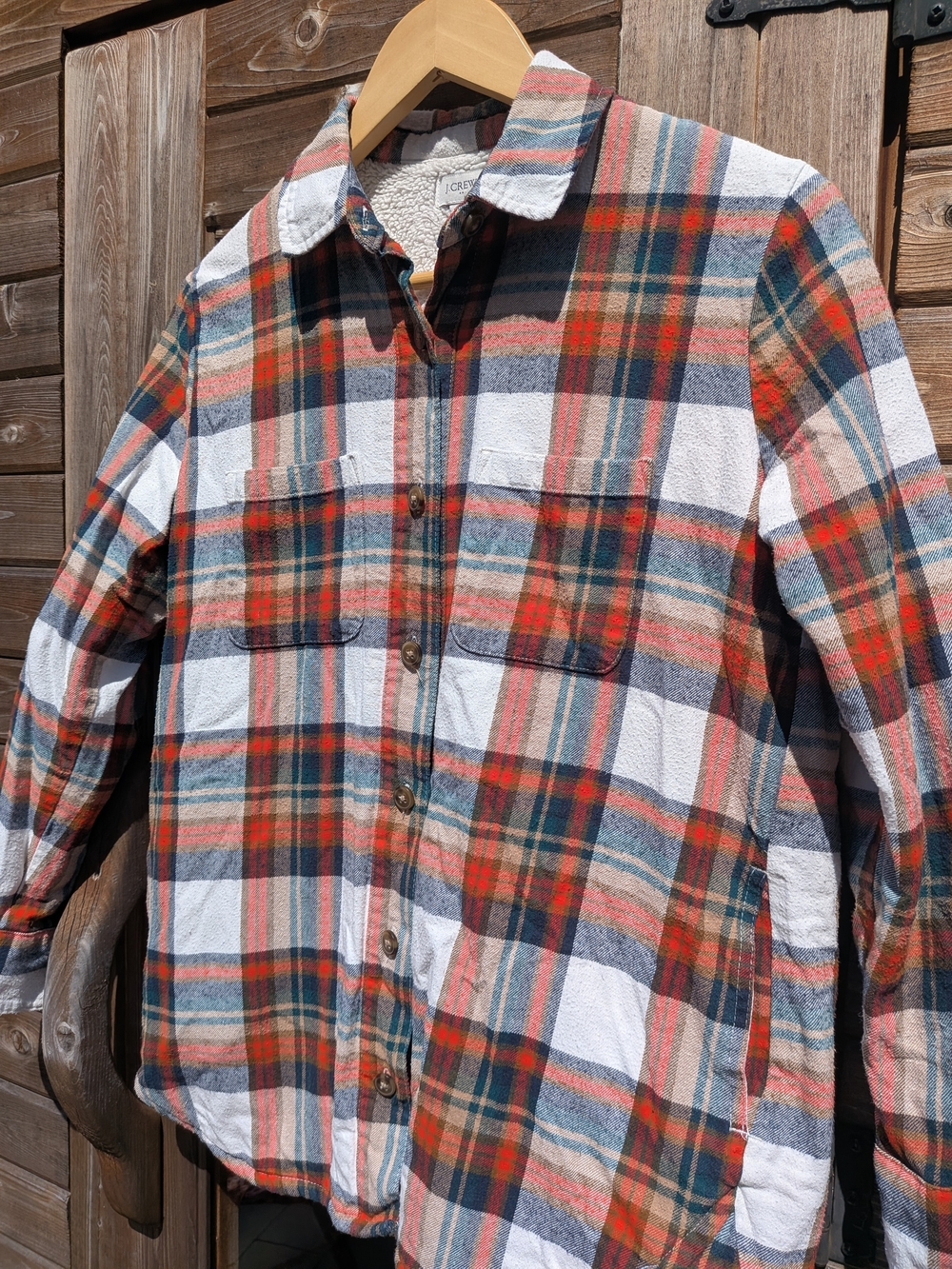 J. Crew Plaid Faux Shearling lined Button-Up Shacket in Orange, Blue, White